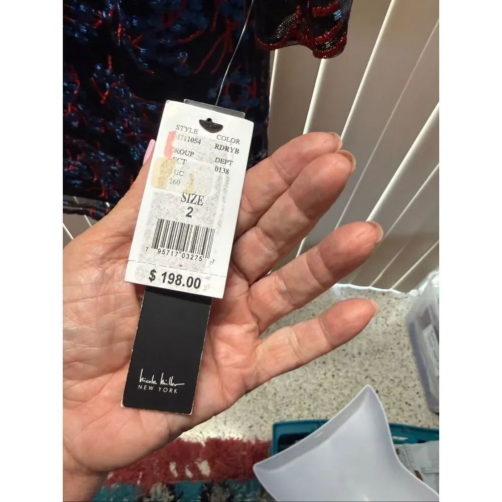 Nicole Miller Embroidered Mesh Dress Black Red Blue Sheer Bell Sleeve Cocktail S - Picture 6 of 13